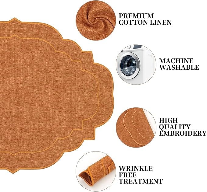 Cotton Linen Oval Placemats Set of 4, HADEEONG Table Mats Cloth Placemats, Washable Wrinkle Resistance, Scalloped & Embroidered Fabric Placemats, 17.71 x 13.77inch (Orange, 4)