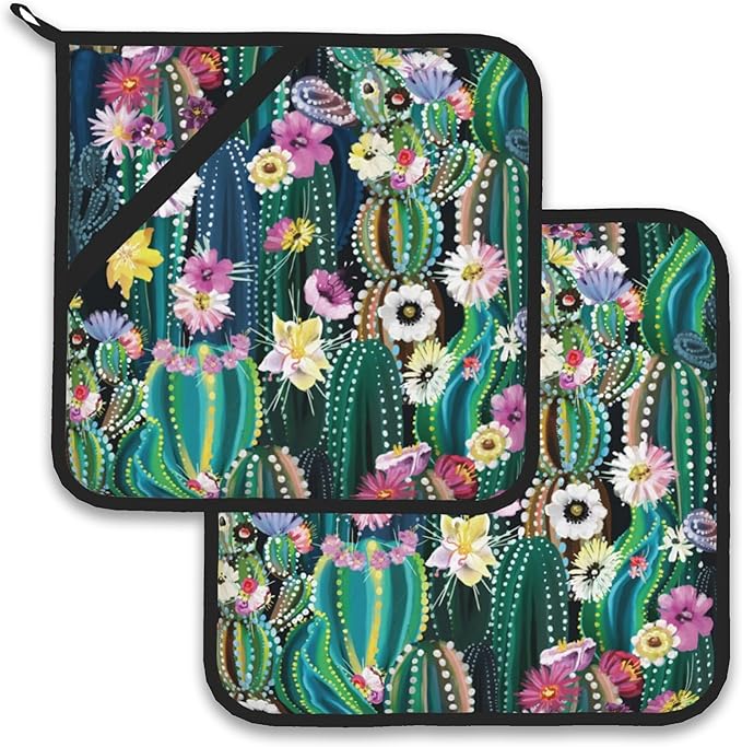 Blooming Cactus Succulents Flowers Pot Holder Set of 2,Heat Resistant Potholders Oven Hot Pads for Kitchen Cooking Baking BBQ