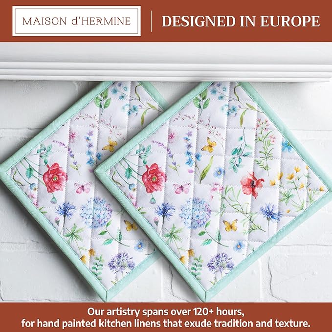 Maison d' Hermine Pot Holders 100% Cotton Heat Resistant Potholders 8" x 8" Hot Pads with Loop BBQ Cooking Baking Gifts for Mothers Day Handling Hot Pans Spring/Summer (Pack of 2, Just Floral)