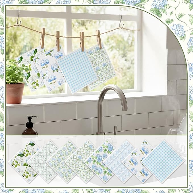 Tegeme 8 Pcs Blue Hydrangea Swedish Themed Dishcloth Spring Summer Watercolor Hydrangea Floral Kitchen Dish Towel Absorbent Cotton Reusable Towel for Home Party Housewarming Counter Wipe, 6.8 x 7.7''
