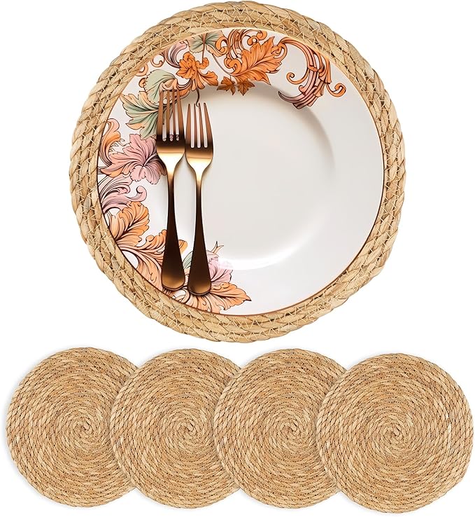 Dimpola Round Woven Placemats 13.5 inch Set of 4 - Boho Rattan Placemat Natural Water Hyacinth Placemats, Farmhouse Weave Place Mats, Rustic Braided Wicker Table Mats for Dining Table,Home,Wedding