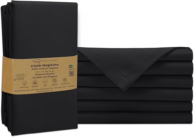 Ruvanti Cloth Napkins Set of 6, 100% Cotton High GSM 18x18 Inches Soft, Washable, Highly Durable & Absorbent, Perfect for Parties, Christmas, Thanksgiving Dinners – Black Beauty