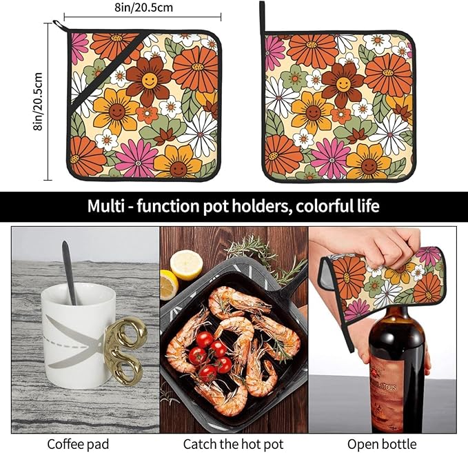 Boho Pot Holders 2PCS,Potholders for Kitchen Heat Resistant Microwave Cooking Baking Oven and Dishes and BBQ Gifts for Women(Retro Groovy Flower)