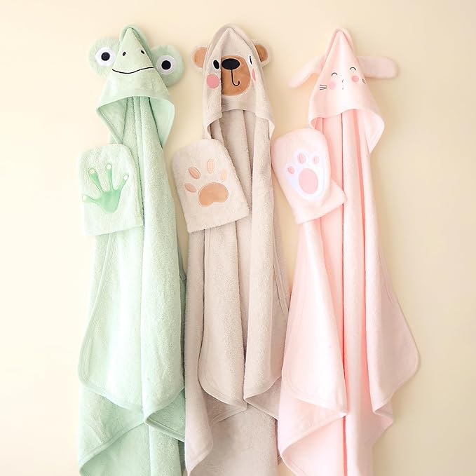 CuddleBug Premium Hooded Baby Bath Towel & Washcloth Set (Bear) - 100% Cotton Terrycloth Hooded Baby Towels for Newborn & Toddler - Super-Soft & Absorbent, Newborn Essentials (33" x 33") - White Lamb