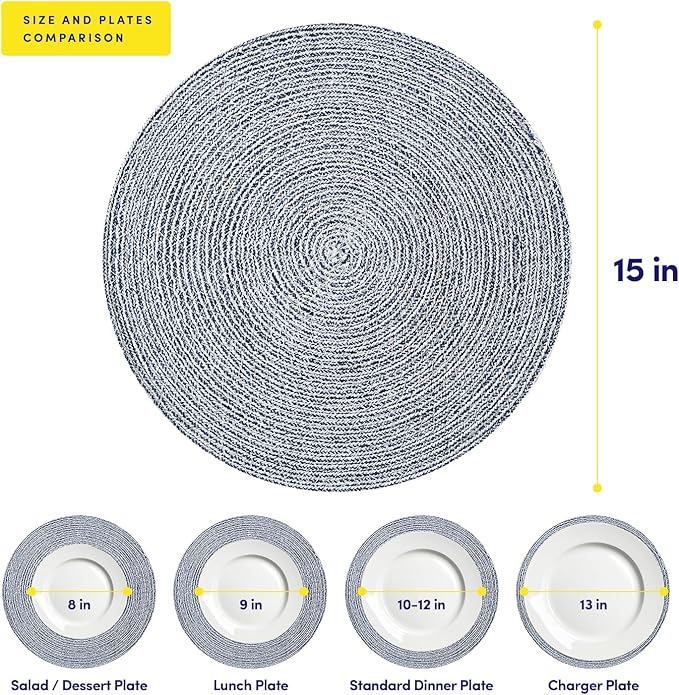 Round Placemats Set of 4-100% Cotton Two-Tone Placemat for Dining Table - Woven Braided Table Setting Place Mat - Washable Table Decor for Kitchen, Farmhouse, Rustic, Everyday Use, Navy