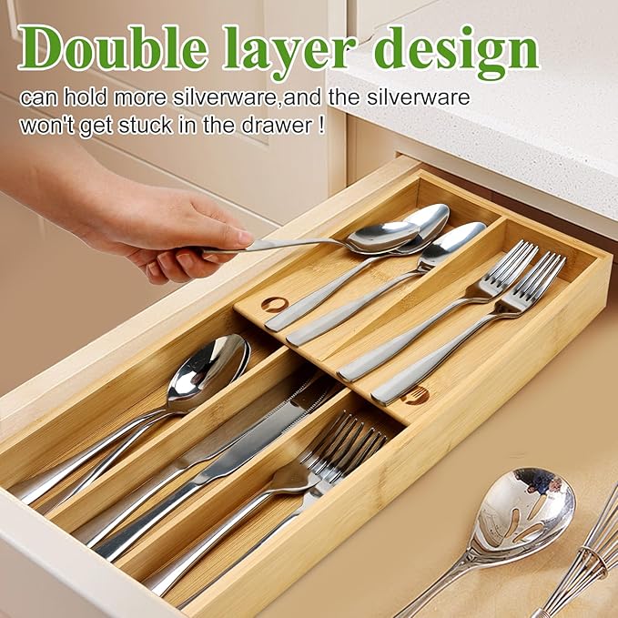 Hilislog Bamboo Silverware Drawer Organizer Cutlery Tray for Drawer Wood Kitchen Utensil Tray Flatware Caddy Cutlery Holder Utensil Drawers Organizer for Spoon Fork Knives Wooden Silverware Trays