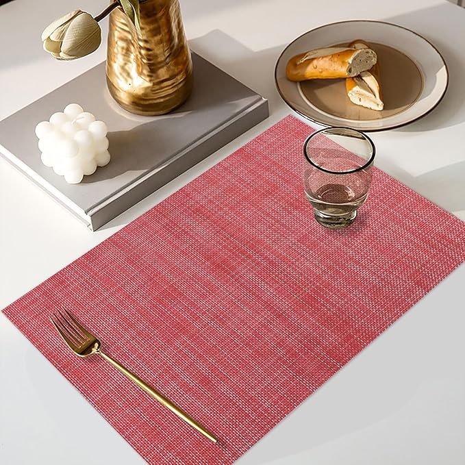 Vinyl Placemats Set of 6, PVC Woven Washable Non-Slip Table Mats, Heat Resistant Wrinkle Free Place Mats for Dining Table, Easy to Clean (6, Red)