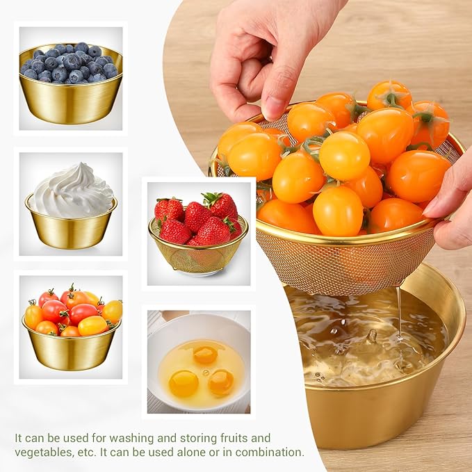 Baderke 2 Pcs Mini Colander & Food Strainer 304 Stainless Steel Small Mixing Colanders Bowl Rice Strainer for Kitchen Cooking Fruit Washing Vegetable (6.3 x 2.76 Inches,Gold)