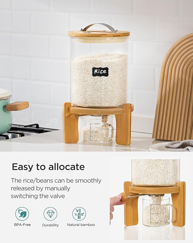 5-7 lbs Glass Rice Dispenser with Wooden Stand Flour and Cereal Container with Glass Measuring Cup & Labels & Slider mat Pantry Food Organization Storage Bin with Airtight Bamboo Lid, 3L