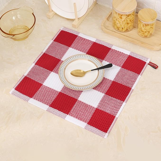 Mordimy 100% Cotton Waffle Weave Plaid Dish Cloths, 12 x 12 Inches, Super Soft and Absorbent Quick Drying Buffalo Check Dish Rags for Kitchen, 6-Pack, Red & White