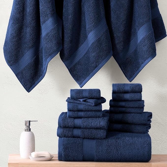 LANE LINEN Luxury Cotton Bath Towel Set - 6 Piece - Low Twist, Soft & High Absorbency - 2 Bath, 2 Wash cloths, 2 Hand Towels - Classic Hotel Quality, Durable & Ideal for Modern Bathrooms - Navy Blue