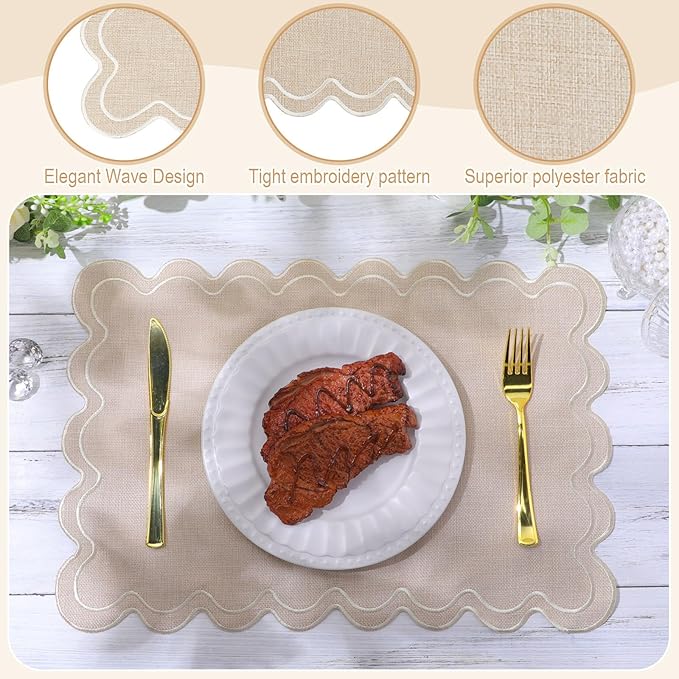 HunnmingRe Set of 6 Cotton Linen Placemats, 13x19 Inch Scalloped Wavy Embroidery Placemat Double Layered Washable Rustic Rectangle Dinner Table Mats for Wedding Home Decor(Beige with Creamy White)