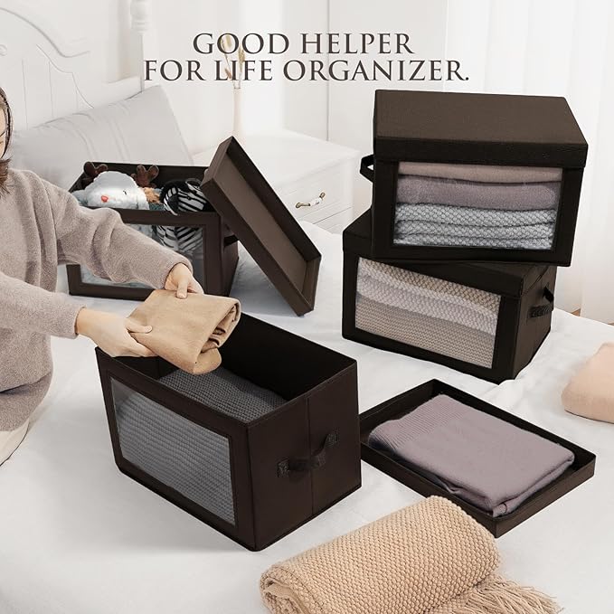 Homsorout Brown Fabric Storage Bins with Lids - 6 Pack Modern Lidded-Home Storage Bins, 14 Inch. - Perfect for Clothes, Books, CD, Office Supplies