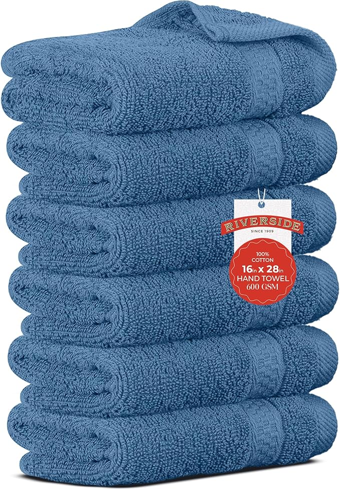 RIVERSIDE 6 Pack Premium Hand Towels Set, 16x28 inches, 100% Ring Spun Cotton, 600 GSM, Soft, Quick Dry and Highly Absorbent, Towels for Bathroom, Kitchen, Gym, Spa - M-Blue