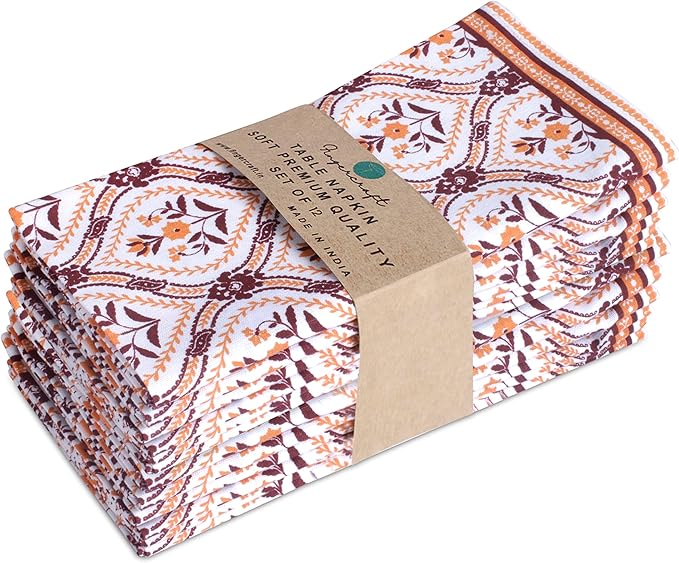 FINGERCRAFT Cloth Napkins, Set of 12 Cotton Linen Blend Printed Dinner Napkins Cloth Mitered Corner Perfect for Parties Dinners Weddings Cocktail Christmas Easter 20x20 Damask Orange