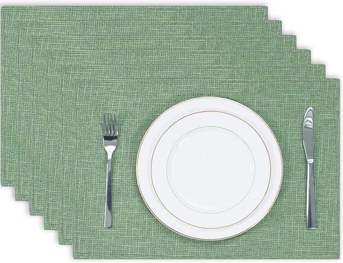 Kevin Textile Spring Easter Day Burlap Linen Placemats Set of 6 Heat Resistant Dining Table Place Mats Washable Kitchen Table Mats for Dinning Party Holiday Indoor Outdoor, 13 x19 inches, Sage Green