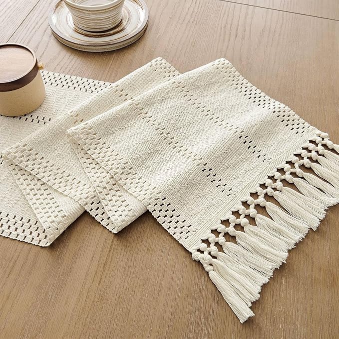 ZeeMart Macrame Style Boho Table Runner, Ivory Table Runners 90 Inches Long, Farmhouse Woven Home Decor, 12x90 Inch (12x98 Tassel Included), Ivory