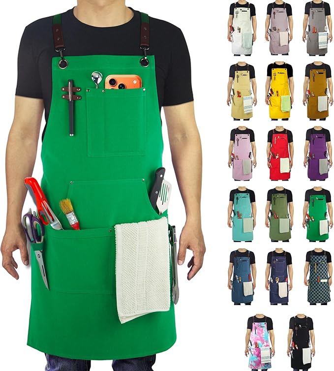 Kitchen Apron, Work Apron, Canvas, Multiple Pockets, Gardening, Painting, BBQ, Artist, Carpenter, Sizes M to XXL, Green