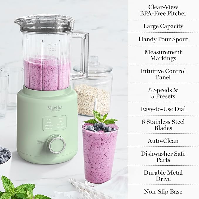 Martha Stewart Countertop Blender, 50oz Jar, 6 Stainless Steel Blades 3 Speeds & 5 Presets, Auto Clean, Smoothies, Crush Ice, Shakes, Chop, Margarita, Measurement Markings, 700W, Honeydew Green