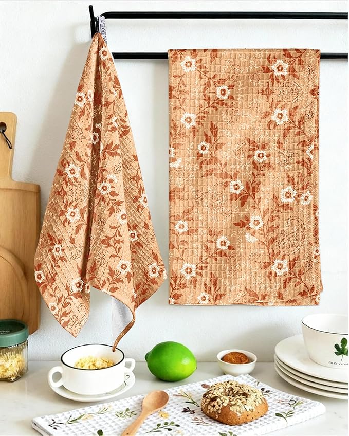 Miss Adola Cotton Waffle Kitchen Towels – Cute 370 GSM 16x25 Inch Terry Cloth Waffle Decorative Dishcloth for Kitchen Set of 2 with Hanging Loop Absorbent Hand Tea Towel for Home Design, Rustic Flower