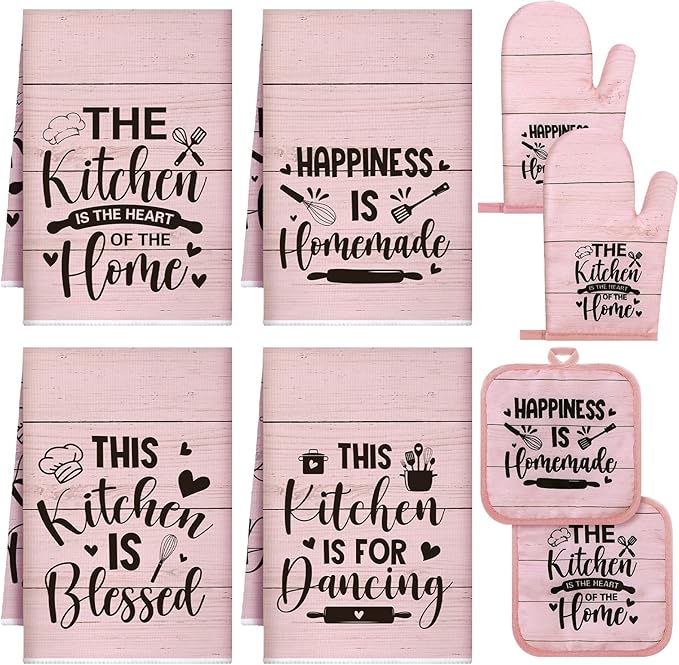 Fourluoo 8 Pcs Pink Kitchen Towels and Dishcloths Sets Oven Mitts and Pot Holders Sets Absorbent Kitchen Gloves Potholders Heat Resistant for Chef Baking Cooking