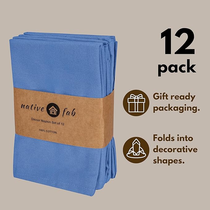 Native Fab Sky Blue Easter Cloth Napkins Set of 12-100% Cotton Spring Dinner Napkins 17x17 - Premium Hotel Quality Table Decor - Soft, Absorbent, Washable, Reusable Bulk Fabric Cloth, Light Blue