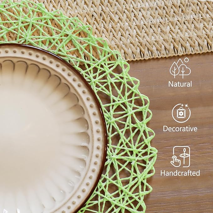 AHHFSMEI Paper Braided Round Placemats Set of 8 Natural Non-Slip Heat Resistant Table Mats for Dining Tables Woven Indoor Outdoor Place mats(Light Green,8)