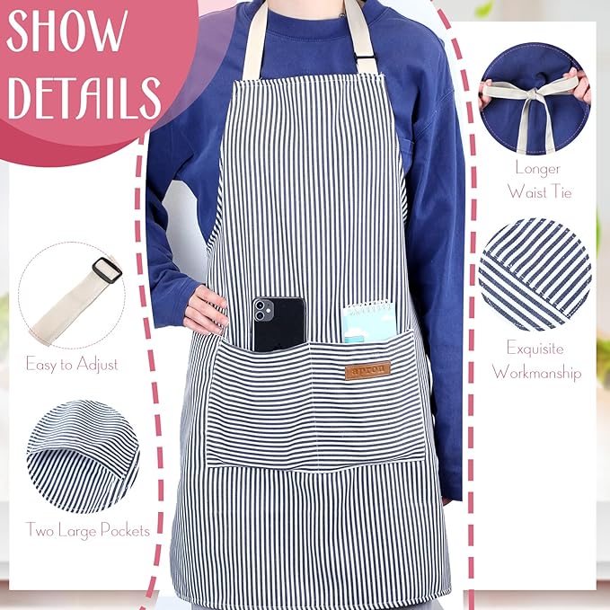 Handepo 12 Pcs Cotton Aprons for Women Men with Pockets Soft Adjustable Bib Stripe Aprons for Cooking Kitchen Chef