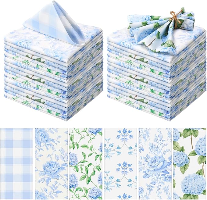 Blue Hydrangea Cloth Napkins 6 Patterns Washable Dinner Tea Party Napkins Reusable Plant Flowers Square Napkin Cotton Towel Decorative for Spring Wildflower Party(Blue Hydrangea,24 Pcs)
