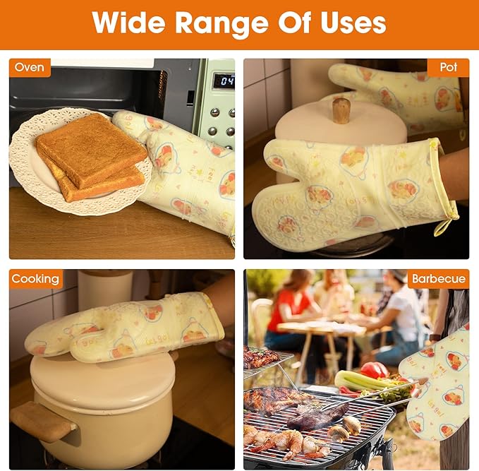 Silicone Oven Mitts Set Heat Resistant 2PCS Kitchen Mittens with Soft Cotton Lining Long Waterproof Non-Slip Oven Gloves for Cooking, BBQ, Baking-Fruit