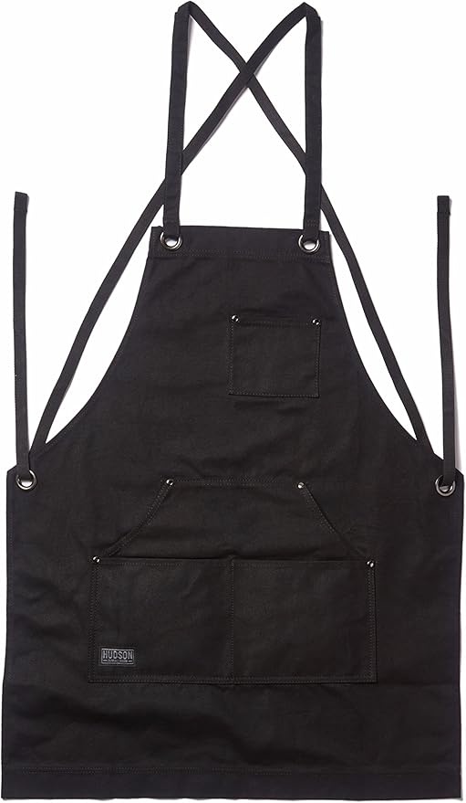 Hudson Durable Goods Heavy Duty Waxed Canvas Apron for Men and Women, Adjustable Crossback Work Apron with Tool Pockets, Water-Resistant - Fits up to XXL, Black