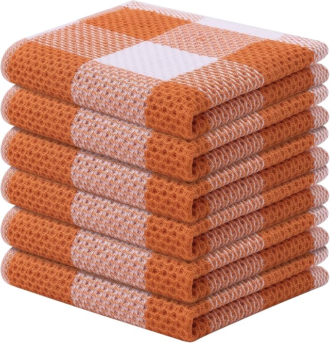 Mordimy 100% Cotton Waffle Weave Plaid Dish Cloths, 12 x 12 Inches, Super Soft and Absorbent Quick Drying Buffalo Check Dish Rags for Kitchen, 6-Pack, Orange & White