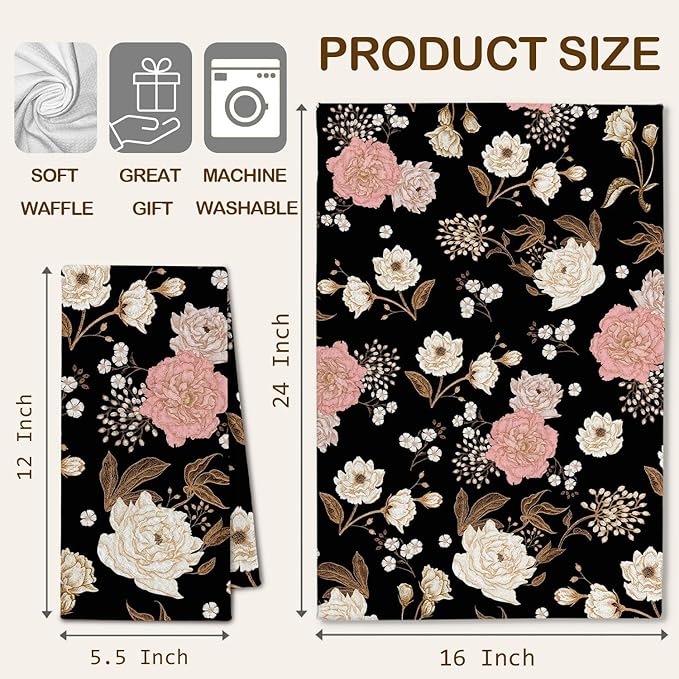 Dark Vintage Floral Kitchen Towels, Art Nouveau Flower Dish Towels Drying Cloth for Kitchen, Boho Cottagecore Botanical Decorative Hand Towel for Bathroom, 16x24 Inch Set of 2