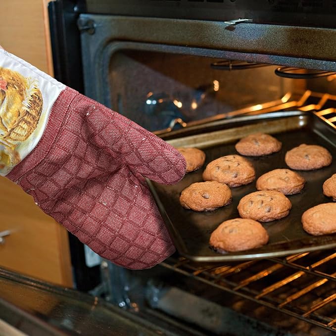 Silicone Printing Oven Mitts Heat Resistant to 500 Degree,Yarm-Dyed Oven Gloves with Animal Design Non-Slip for Kitchen Cooking Barbecue Baking and Machine Washable.(Red Oven Mitts)