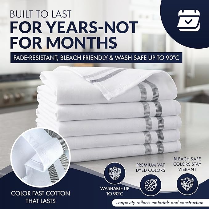 Harringdons 100% Cotton Kitchen Towels, Highly Absorbent Dish Towels for Kitchen with Hanging Loop, Large 20"x28" Washable Towels, Gray Shades,12 Pack