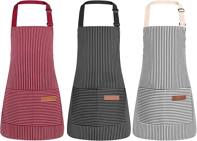 3 Pack Stripes Kids Apron, Adjustable Kids Cooking Aprons with 2 Pockets, Cute Chef Baking Aprons for Boys and Girls