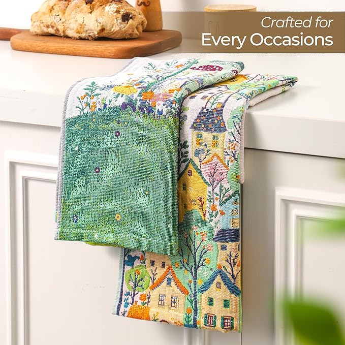 Flour Sack Green Kitchen Towels - Tea Towels Set of 2,Quick Dry 100% Cotton for Kitchen Drying Linework,Ultra Absorbent Decorative Boho Floral Large Hand Towels with Hanging Loop,Mushroom