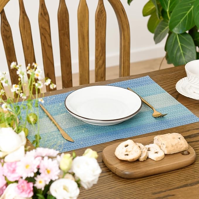 Bloss Blue Placemats Set of 4, Linen Woven Place Mats for Kitchen Table Indoor/Outdoor, 12" x 18" Washable Gradient Blue Placemat Dining Table Mats