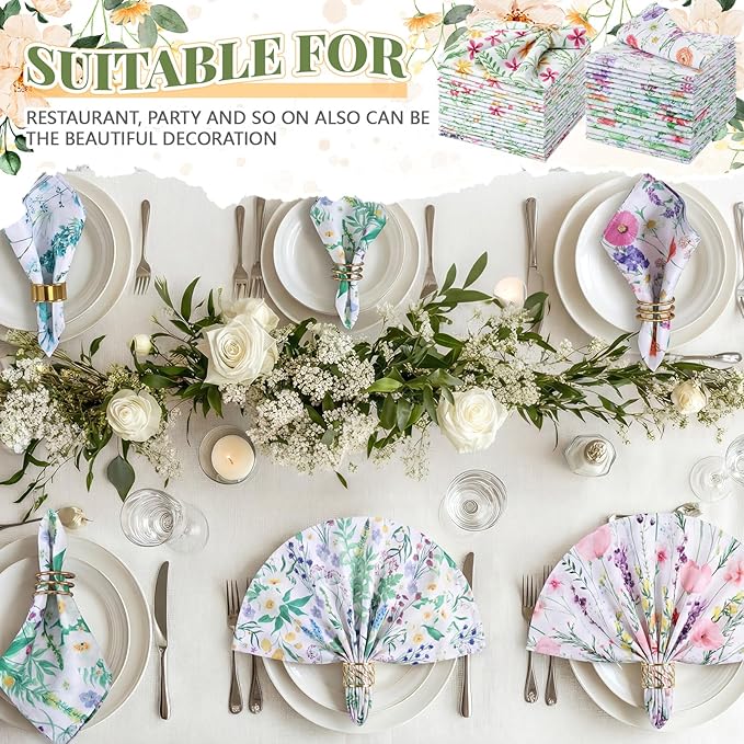 Nuogo 36 Sets Wildflowers Cloth Napkins 15" x 15" Floral Dinner Cloth Napkins Reusable Spring Floral Fabric Hand Towels for Wildflowers Spring Garden Baby Shower Party Table Decor
