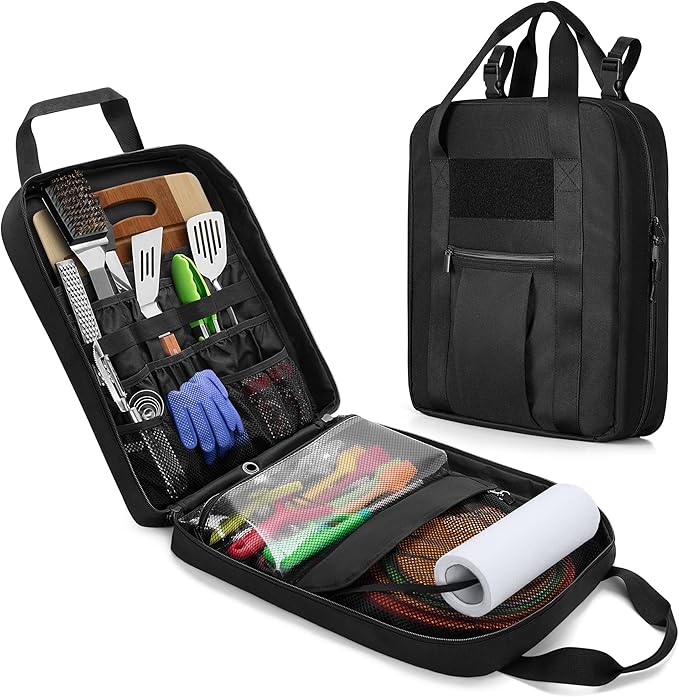 HODRANT Hanging Camp Utensil Organizer with Towel Paper Holder, Portable Camping Kitchen Cookware Bag for Knives, Forks, Spoons & More, Outdoor Cooking Tools Storage Box for Travel & Hiking, Bag Only