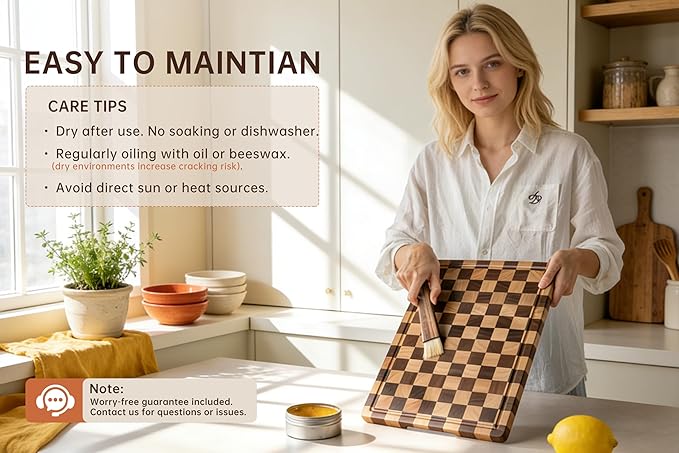 Checkered Cutting Boards for Kitchen, Wooden Chopping Board with Juice Grooves & Handles, Acacia Decorative Cutting Board Butcher Block Serving Tray with Gift Box, 16.5" x 11.6" x 0.8"
