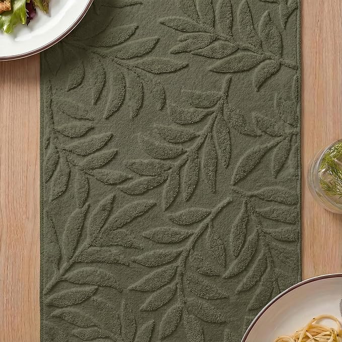 Artoid Mode Olive Green Soft Cotton Jacquard Leaves Spring Table Runner, Holiday Kitchen Dining Table Decoration for Home Party Decor 13x72 Inch