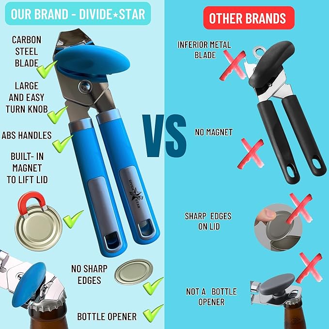 Manual Can Opener for Seniors – Easy-Turn Knob, Cleaner Edge Cutting, Magnetic Lid Lifter, Heavy-Duty Carbon Steel Blade, Ergonomic Comfort Grip – Blue