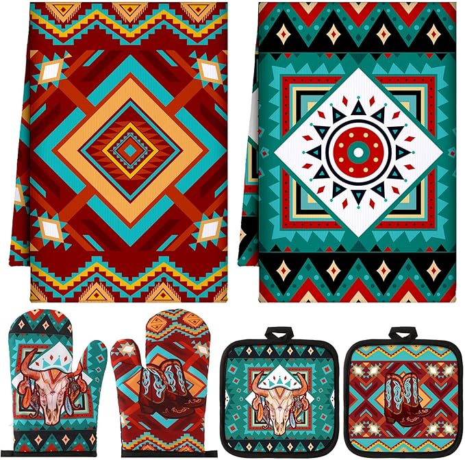 Jingmore 6 Pcs Kitchen Decor Set Accessorie Farmhouse Kitchen Towels Pot Holders Oven Mitts Set 2 Dish Towels 2 Pot Holders 2 Cooking Mittens Oven Glove for Cooking(Retro Color,Western Boho Aztec)