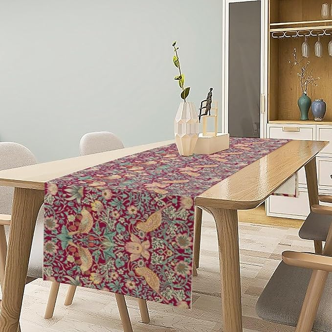 William Morris Floral Table Runner Strawberry Thief Vintage Flower Red Art Printed Dinner Runner for Home Kitchen Dining Table Living Room Decor Fabric 1 Panel W13xL90in