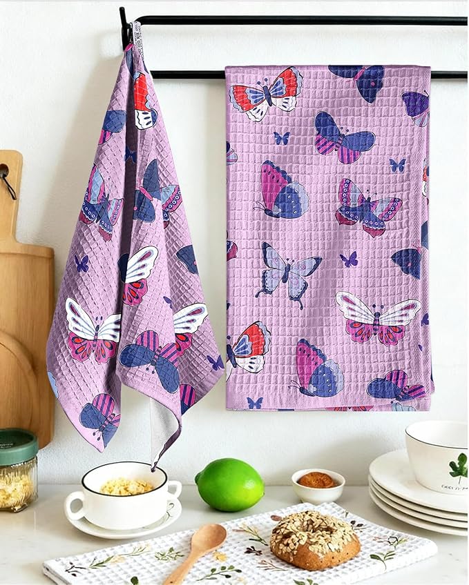 Miss Adola Cotton Waffle Kitchen Towels – Cute 370 GSM 16x25 Inch Terry Cloth Waffle Decorative Dishcloth for Kitchen Set of 2 with Hanging Loops Absorbent Hand Tea Towel for Home Design, Butterfly
