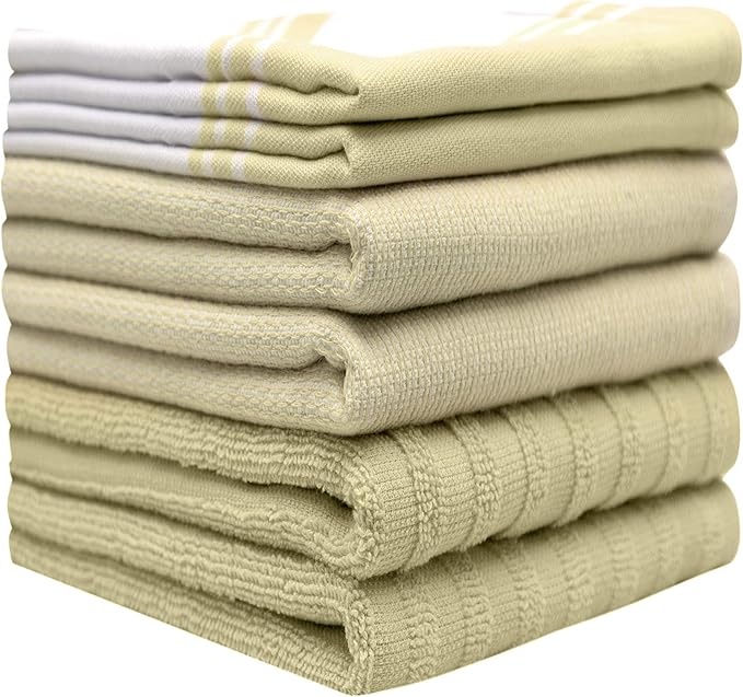 Premium Kitchen Towels (20”x 28”, 6 Pack) | Large Cotton Dish Towels | Flat & Terry Highly Absorbent Kitchen Linen Set with Hanging Loop | Wide Stripe Sage Green