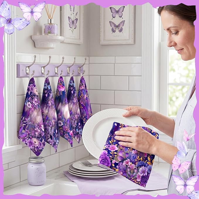 Breling Set of 6 Purple Butterfly Kitchen Towels Floral Butterfly Dish Towel Bathroom Decorative Purple Cloths for Kitchen Bathroom Home Cooking Housewarming Gifts, 14 x 21 Inch