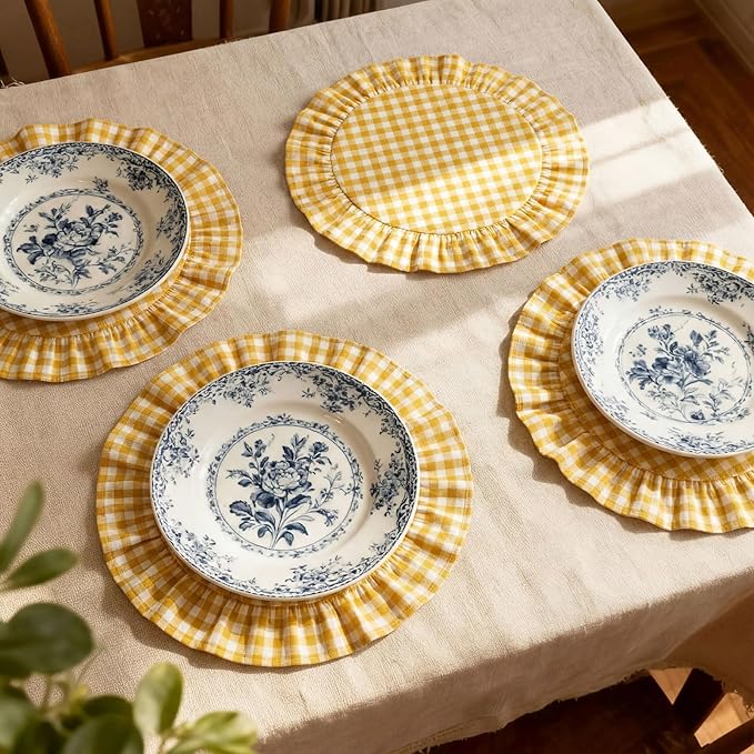 4 Pcs 15 Inch 100% Cotton Scalloped Round Placemats, Thin Yellow Gingham Place Mats with Ruffle, Washable Placemats Table Mats for Kitchen Dining Holiday Gatherings Decor