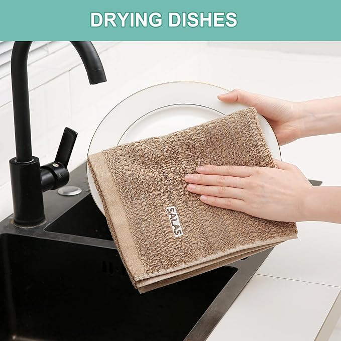 SALAS Kitchen Dish Towels, Bulk Cotton Kitchen Hand Towels, 390 GMS Plaid Dish Cloths Rags for Drying Dishes with Hanging Loop, 16‘’ x 26‘’, 3 Packs, Khaki
